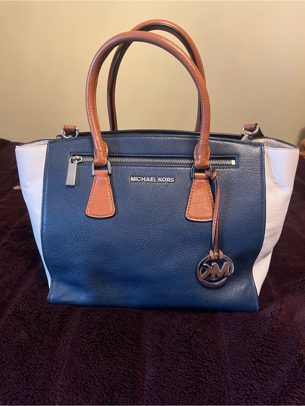 Michael Kors Navy, White & Brown Leather Satchel